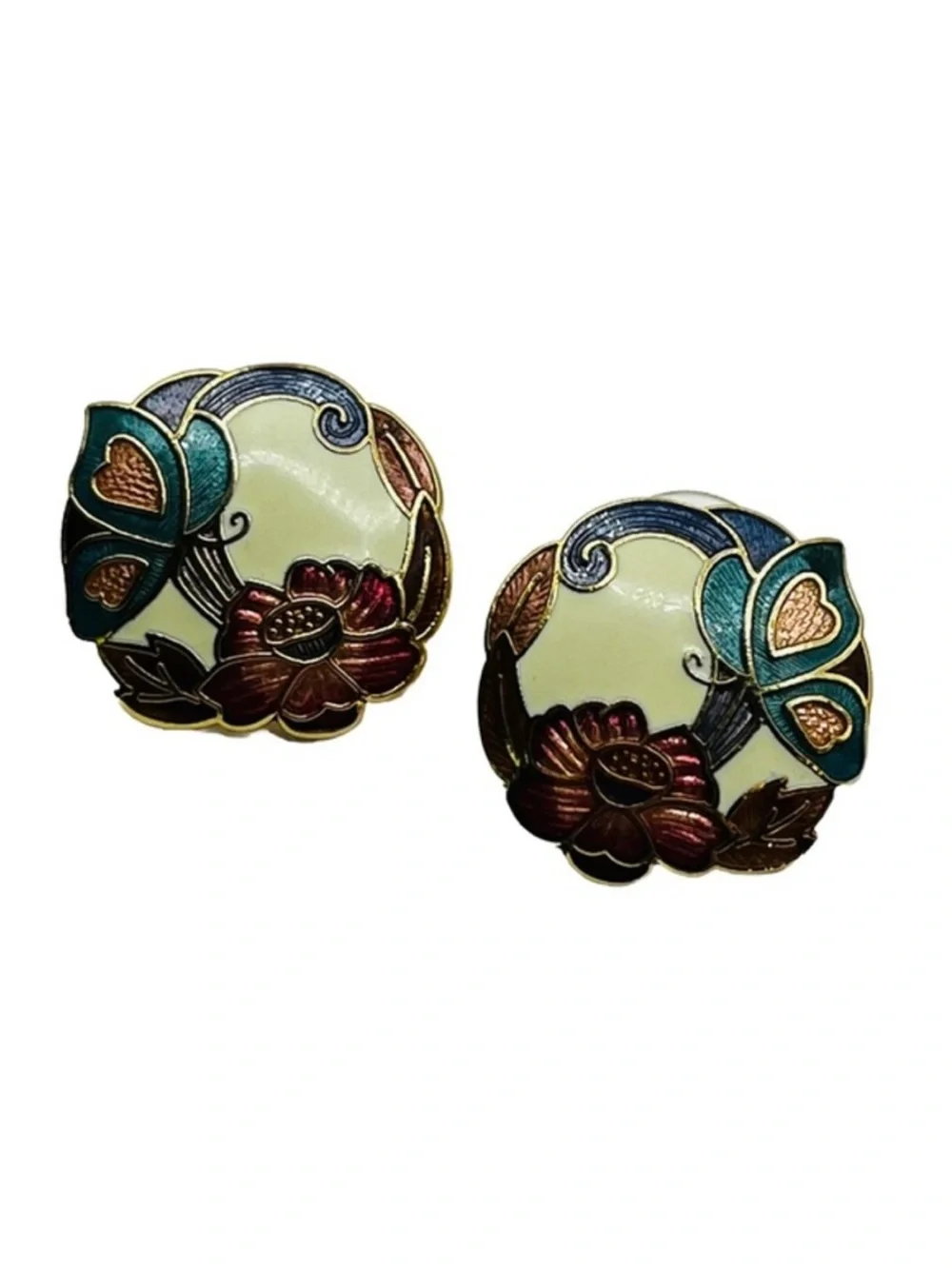 Vintage Chinese cloisonné enamel gold tone pierced earrings flower butterfly
